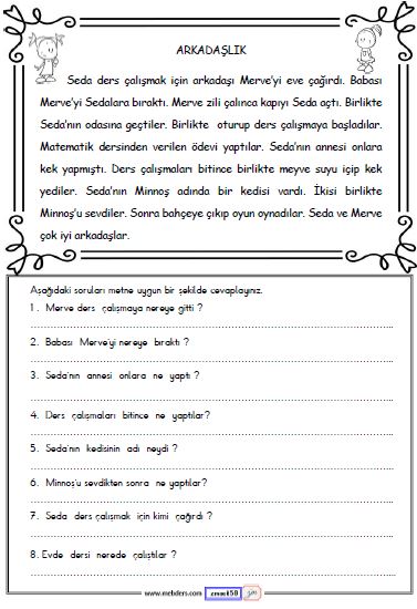 2. Sınıf Türkçe Okuma ve Anlama  Etkinliği ( Arkadaşlık )